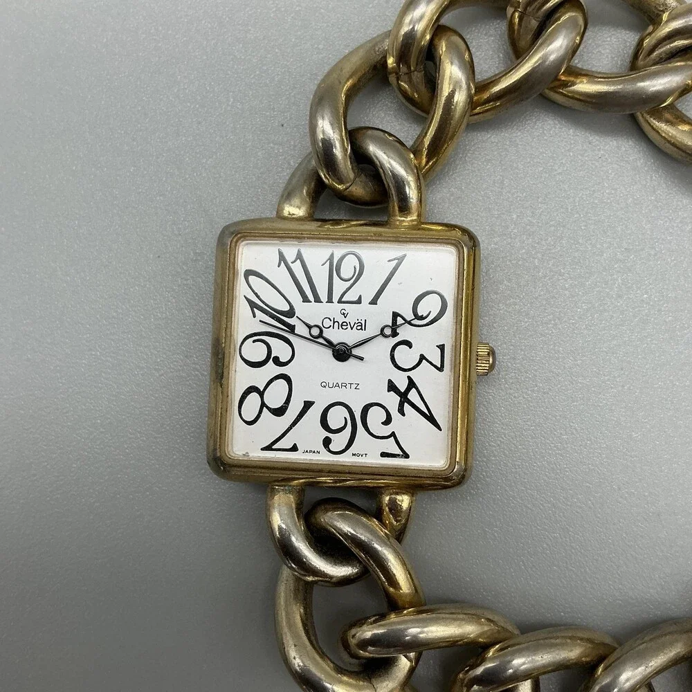 Vintage Cheval Womens Watch 27mm Square Chain Band Hong Kong New Battery 8.25